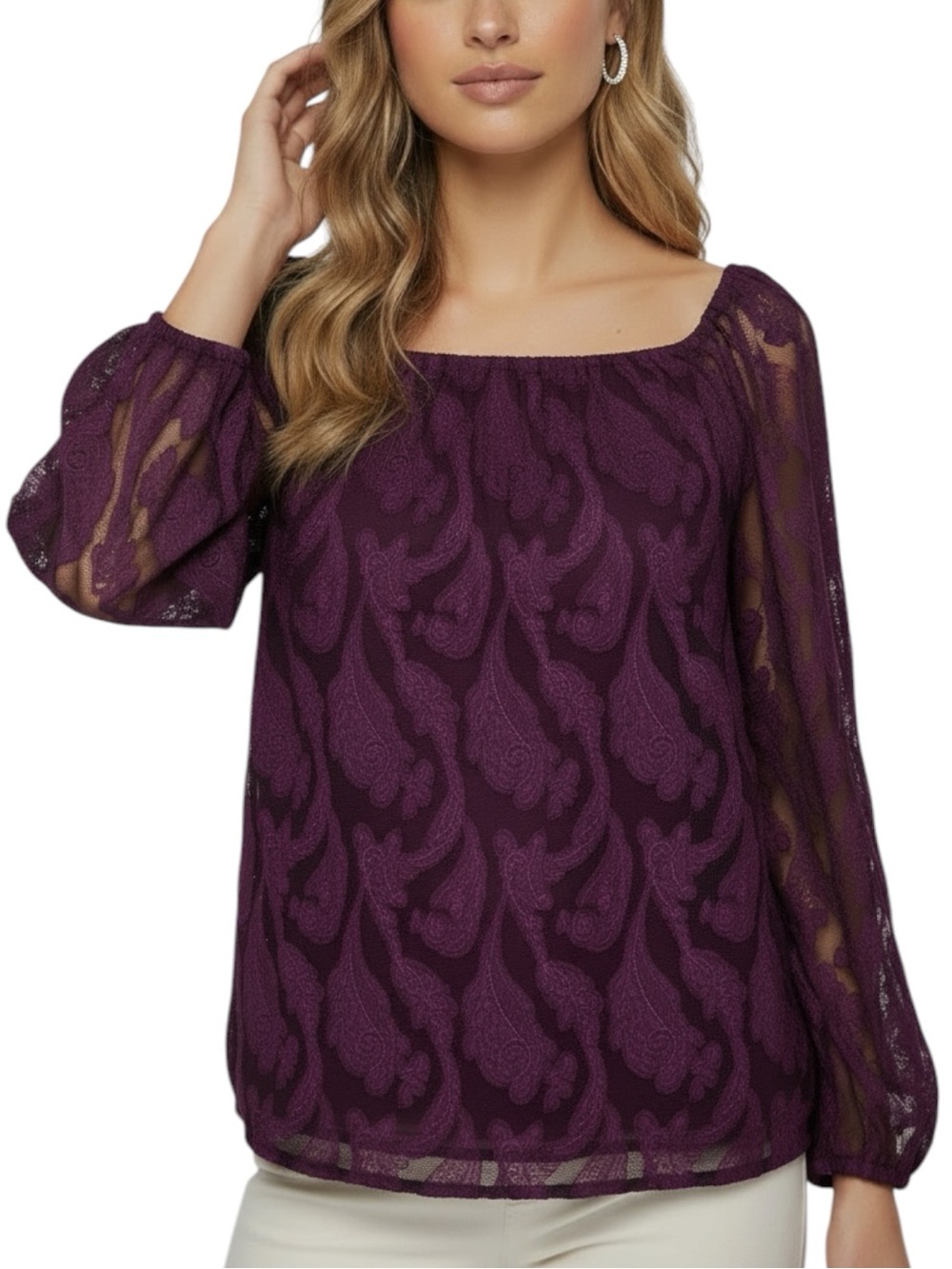 NWT MASON & BELLE Plum Printed Sheer Long Sleeve Square Neck Blouse Size Large